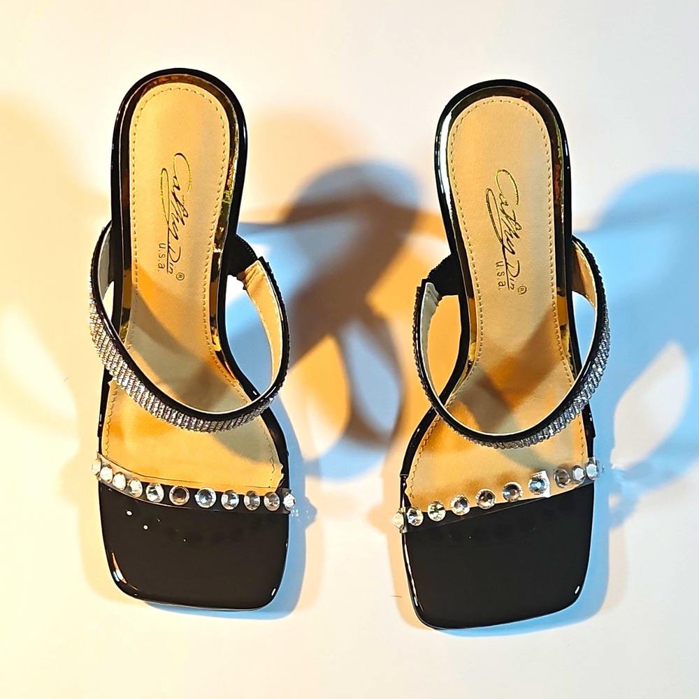 Cathy Din Black Rhinestone Synthetic Strappy Square Toe Slip On Mule Heel 6